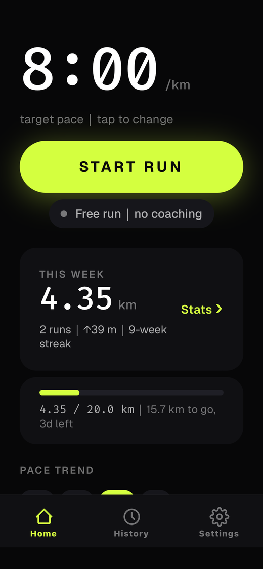 Home screen showing an 8:00 per kilometre target pace and a Start Run button.